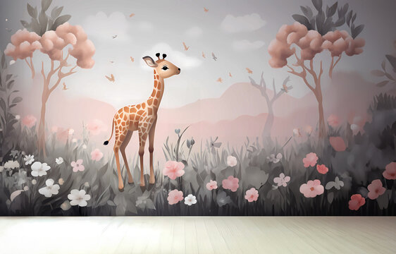 Fototapeta Watercolor nursery baby room wallpaper mural with giraffe, pink flowers, wood floor in an empty room mock up. floral mural with safari giraffes.