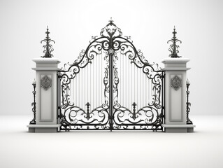 3D image of a decorative and luxury gate. Has 2 door openings. Floral motif carving fills both the door leaf and the door post.
