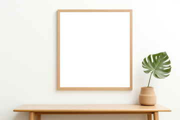 Fototapeta na wymiar wooden frame mock up. Wooden frame poster on white wall. transparent frame. 