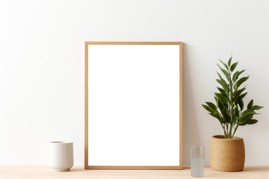 wooden frame mock up. Wooden frame poster on white wall. transparent frame. 