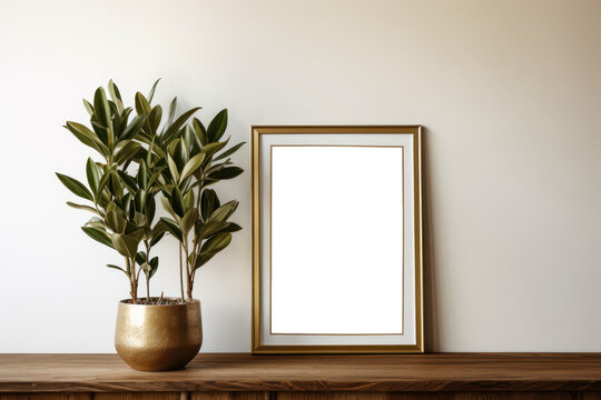 wooden frame mock up. Wooden frame poster on white wall. transparent frame. 