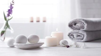Fototapeta na wymiar Spa concept with towel and spa aromatherapy items