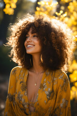 Woman with large afro smiles at the camera while wearing yellow shirt.