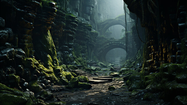 A dark, foreboding cave entrance that entices explorers to venture further into the unknown, highlighting the sense of adventure and discovery