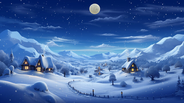 illustration of night landscape with snow-covered fir trees among snowfall, alone village homes in snowdrifts on starry sky background for banner