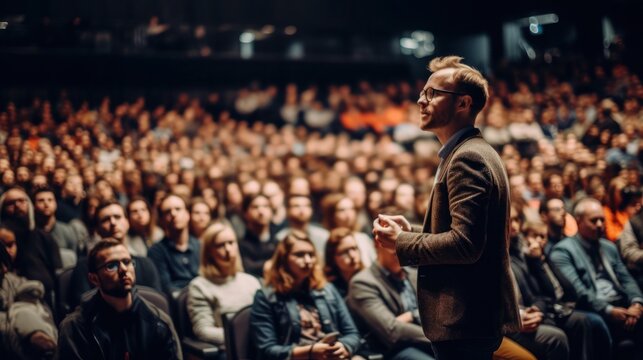 Back view of male giving speech in front of audience 