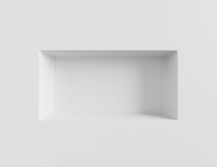 3d render white wall with rectangle shelf, empty niche in bathroom. Mockup blank showcase for exhibits in museum, gallery or studio. Window in store, bookshelf in home interior room. 3D illustration - obrazy, fototapety, plakaty