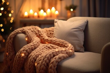 Gray sofa with warm knitted plaid and pillows. Burning aroma candles with Christmas or New Year decor on background. Cozy home concept. Autumn or winter atmosphere. Still life details of living room - obrazy, fototapety, plakaty