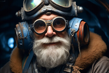 Man with beard and goggles on wearing diving suit. - obrazy, fototapety, plakaty