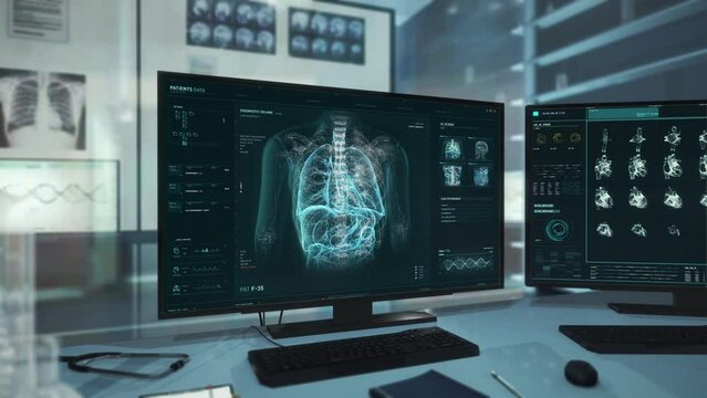 Patients Heart Diagnostic In Futuristic Health Analysis Scanner System. Medical Software Projects Anatomical Skeleton For Health Analysis Of Organ. Health Analysis Interface Discovers Cardiac Ischemia