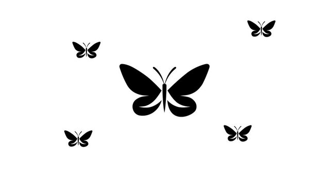 Zoom in and out animation the butterfly symbol. Large black symbol in the center and four small symbols around. Seamless looped 4k animation on white background