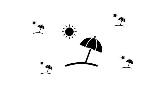 Zoom in and out animation the beach symbol. Large black symbol in the center and four small symbols around. Seamless looped 4k animation on white background