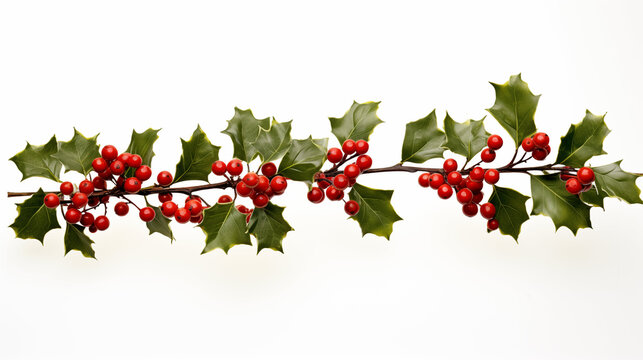 A closeup shot of European Holly leaves and red fruits isolated on white background