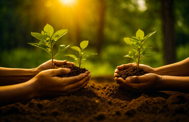 Planting saplings in a pleasant environment. plant, hand, growth, tree, nature, leaf, life, environment, green