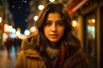  the Turkish girl's emotions and the ambiance of the winter evening street as captured in the zoomed-in portrait photo. Explore the elements that make this scene uniquely beautiful.