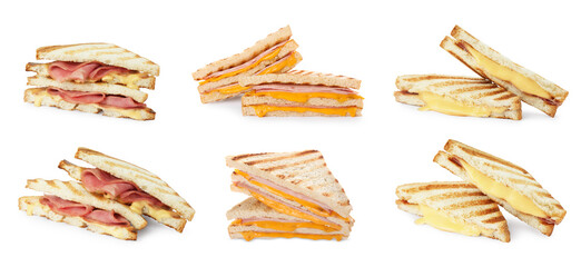 Tasty grilled sandwiches with ham and melted cheese isolated on white, collection