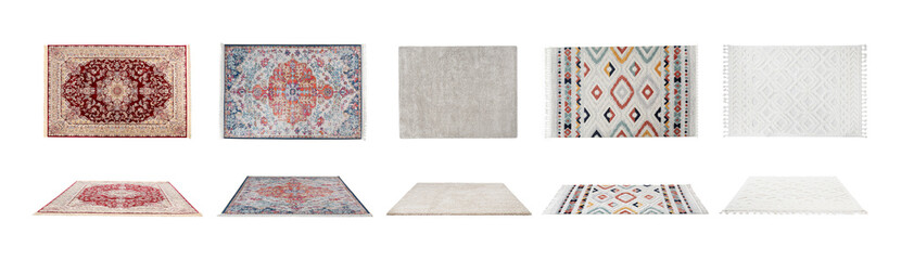 Many beautiful carpets isolated on white, set