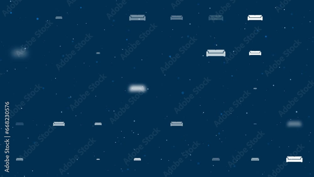 Poster template animation of evenly spaced sofa symbols of different sizes and opacity. animation of transp