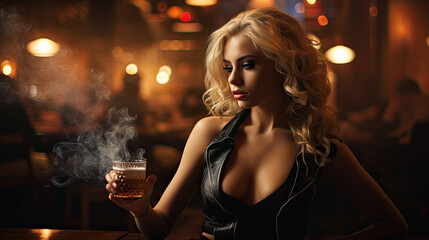 blonde beautiful woman in black dress in pub - obrazy, fototapety, plakaty