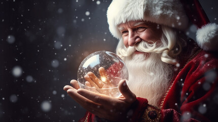 papai noel segurando bola de cristal em cenário de inverno no natal  - obrazy, fototapety, plakaty