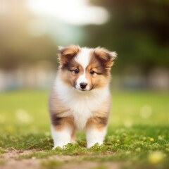 Shetland Sheepdog puppy standing on the green meadow in summer green field. Portrait of a cute Shetland Sheepdog pup standing on the grass with summer landscape in the background. AI generated dog.