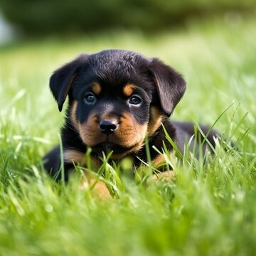 Rottweiler puppy lying on the green meadow in a summer green field. Portrait of a cute Rottweiler pup lying on the grass with a summer landscape in the background. AI generated dog illustration.