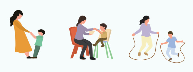 mother and son playing. Mother feeds son happily. Mother playing jump rope with son. mother bonding with son concept