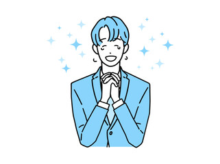 感動して喜ぶ男性、笑顔で涙を流すビジネスマン