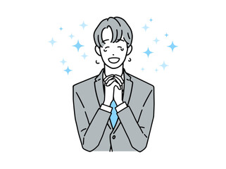 感動して喜ぶ男性、笑顔で涙を流すビジネスマン