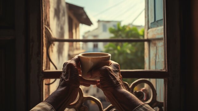 Old man's hand with coffee cup by the window in the morning, old man alone in the house, elderly society concept