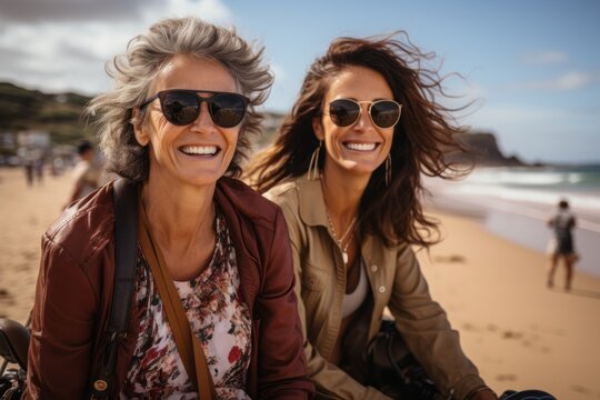 Madre e hija adulta viajando juntas en vacaciones, disfrutando de la vida. 