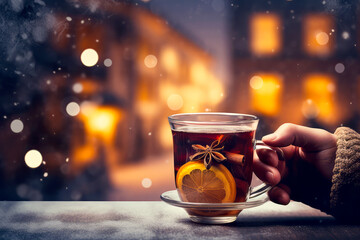 hand holding mulled wine tea in transparent mug with orange and spices. outdoors christmas background and city lights with copy space. Ai generated