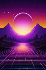 Foto op Plexiglas Futuristic retro landscape. Digital cyber surface with neon light grid. Sunset in cyber world. 80's and 90's retrowave, synthwave, vaporwave style. Design for poster, flyer, banner with copy space © ratatosk