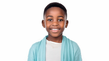 menino africano sorridente em fundo branco 