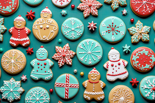 flat lay holiday festive decorated biscuits on green background. chistmas background. Ai generated
