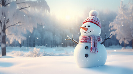 boneco de neve sorridente em fundo de inverno no natal  - obrazy, fototapety, plakaty