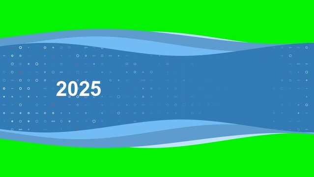 Animation of blue banner waves movement with white 2025 year symbol on the left. On the background there are small white shapes. Seamless looped 4k animation on chroma key background