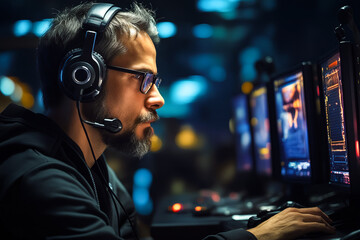 Man wearing headphones and headset is looking at computer screen.