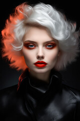 Woman with white hair and red lipstick wearing black jacket.