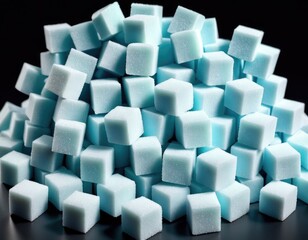 A pile of bluish sugar cubes on black background