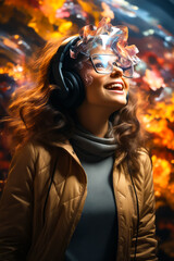 Woman wearing headphones and scarf with fire in the background.