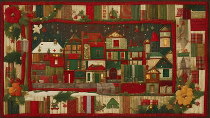 Festive Christmas quilt texture, rich in Gee's Bend-inspired warmth. Mosaic of holiday fabrics, stitched with tradition and creativity. Cozy and earthy storytelling in every patch.