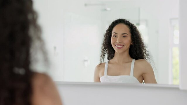 Happy woman, skincare and smile for hygiene, smell or clean armpit looking in bathroom mirror at home. Female smiling for fresh underarm, deodorant or cosmetics for healthy wellness with reflection