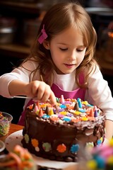 Child Lovingly Decorating a Birthday Cake with Colorful Frosting, Creating Sweet Memories