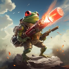 Naklejka premium A frog wielding a rocket-launcher from a video game Ai generated art