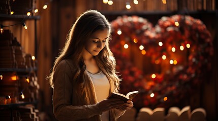 Obraz na płótnie Canvas Woman Reading a Book, heart shape decoration on background