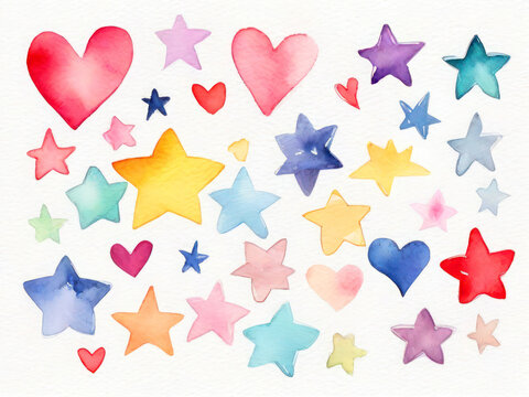 Clipart set of watercolor elements isolated on a white background. Bright splashes of paint in the shape of stars and hearts, cute paint elements.