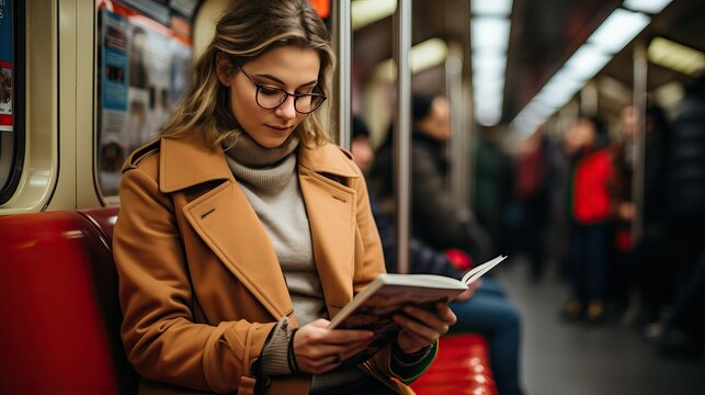 Person Enjoying a Good Book During Subway Train Ride, Travel and Leisure Concept