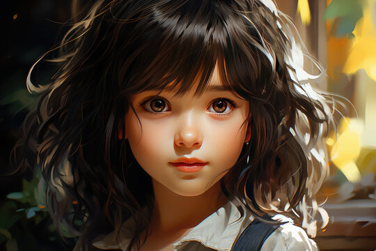 Portrait of a cute beautiful girl. Illustrated photo under watercolor drawing