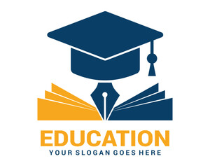 Education logo with Book, pen and graduation cap design  vector template.